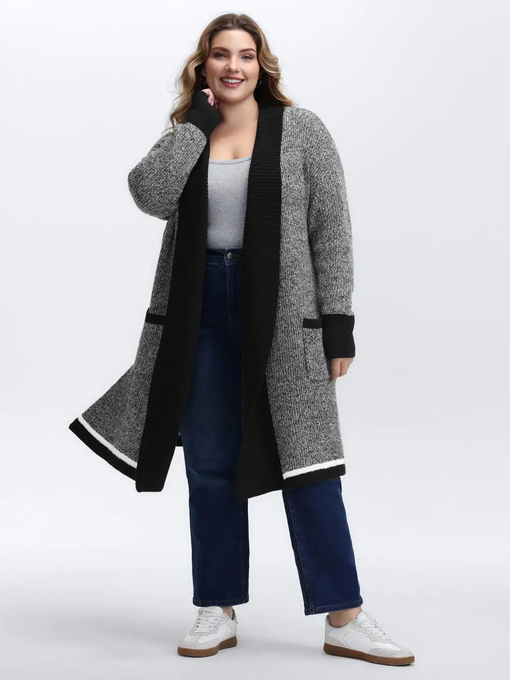 Color Contrast Trim Textured Pocket Knit Cardigan