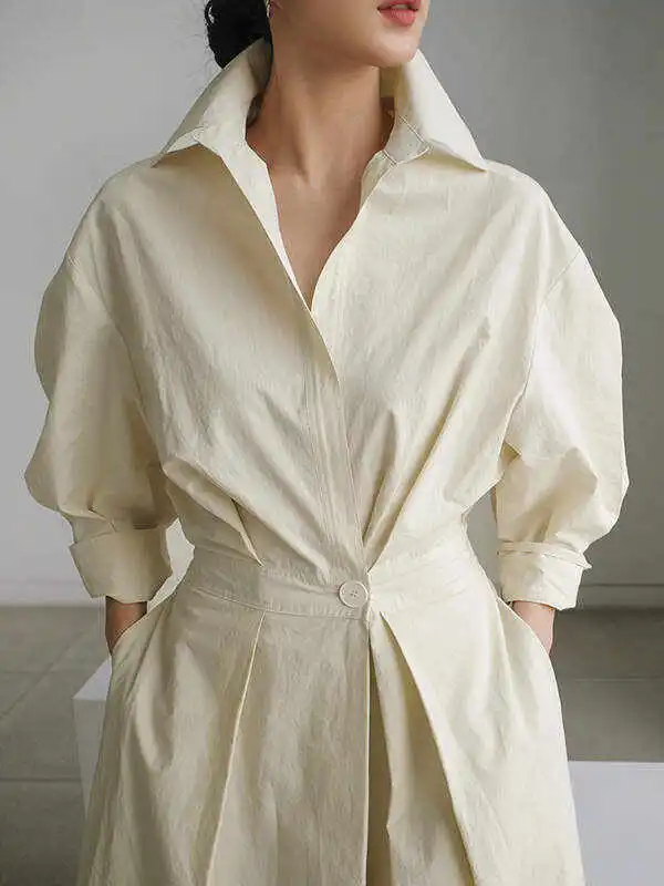 Original Solid Color Lapel Long Sleeves Midi Dress