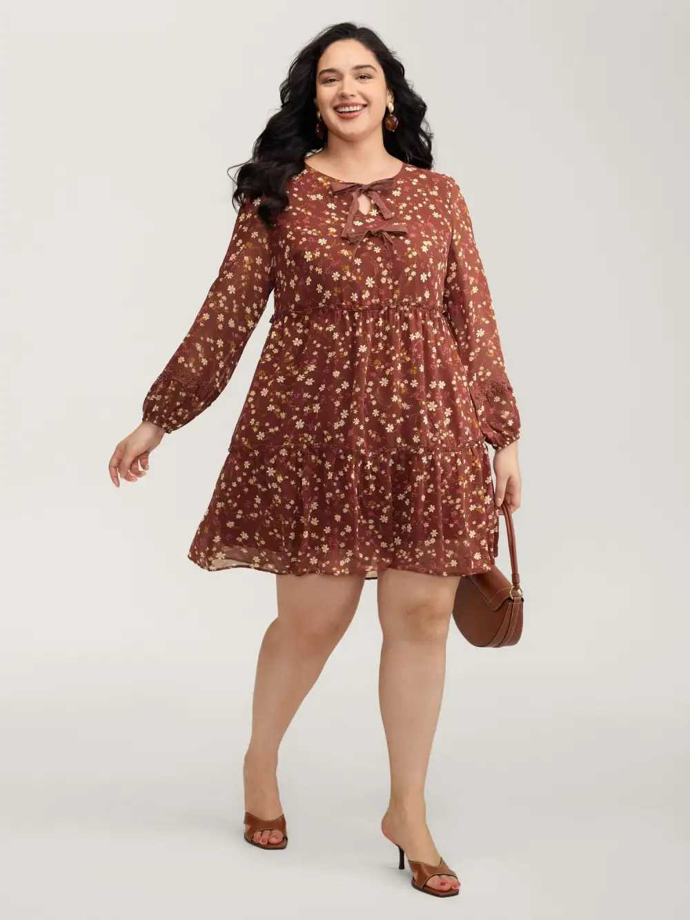 Bowknot Neckline Lace Trim Knee-Length Dress