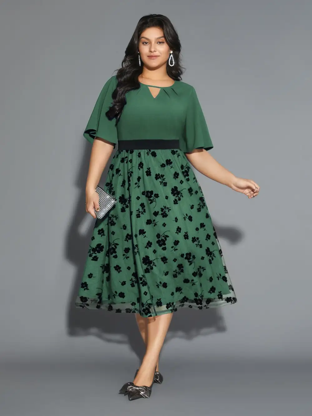 Floral Embroidered Mesh keyhole Dress