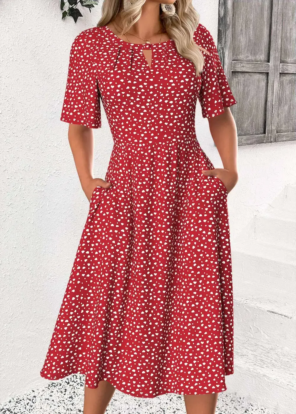 Red Polka Dot Short Sleeve Round Neck Dress