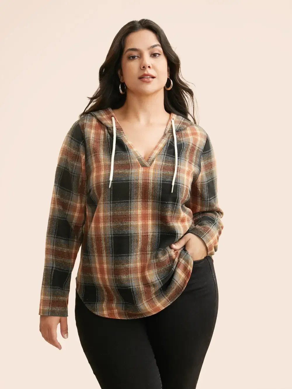Brushed Fabric Plaid Hooded Sweatshirt