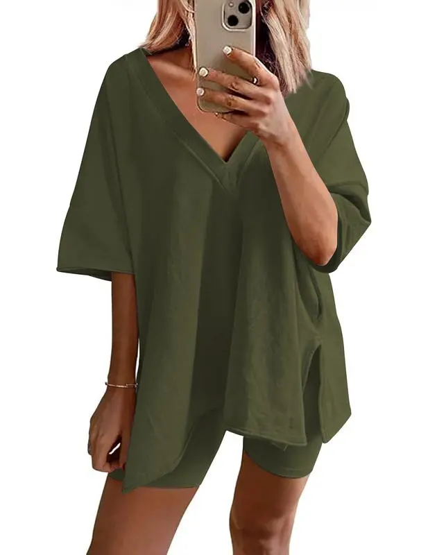 Women's 2-Piece Summer Lounge Set – Oversized T-Shirt & Shorts, Casual Comfy Tracksuit, Beach Cover-Up, Breathable Matching Outfit