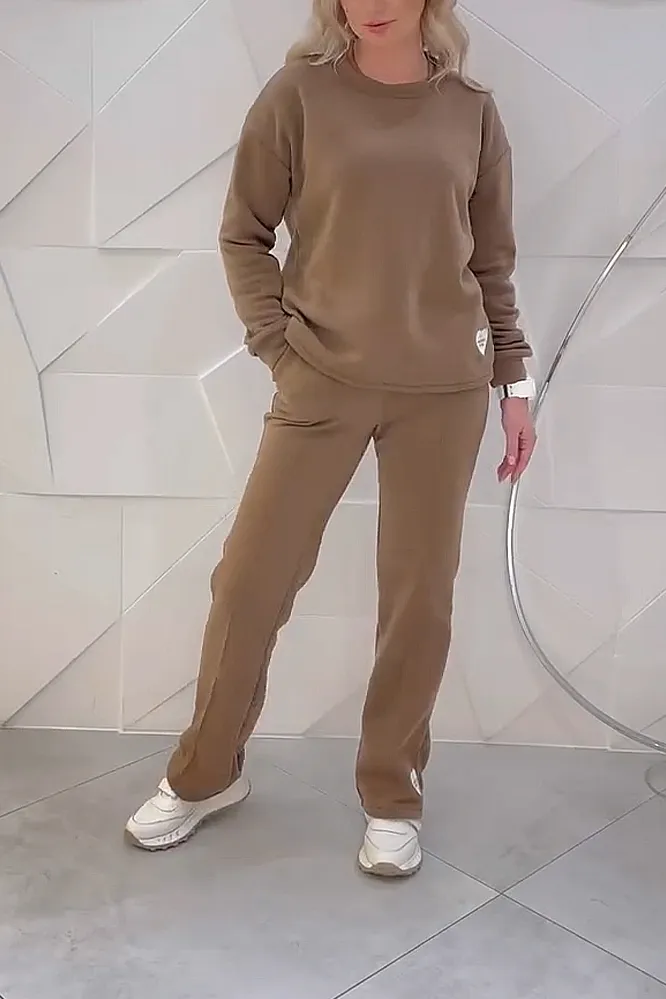 Women's solid color round neck top and pants two-piece set