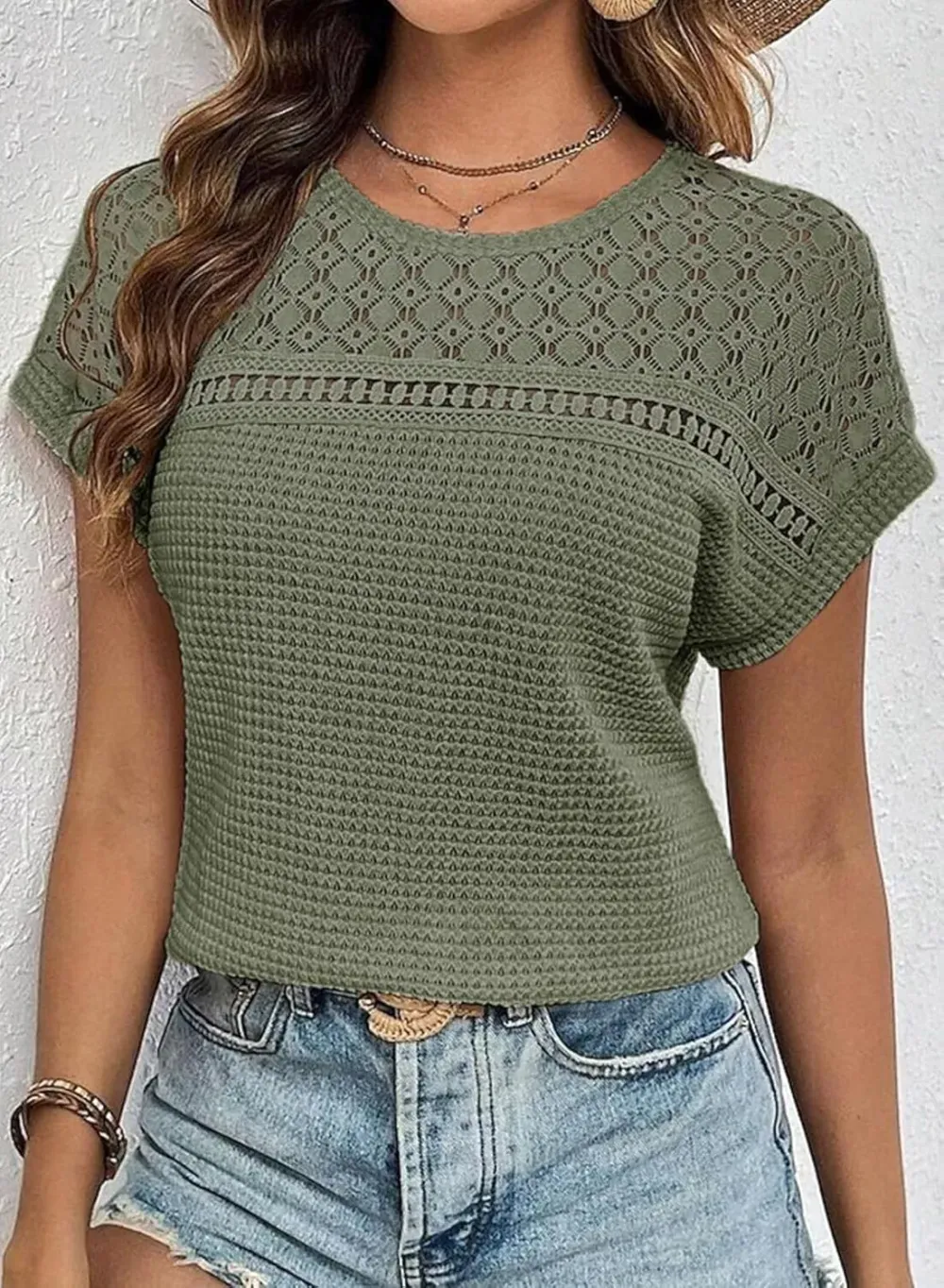 ✨Women's Casual Waffle Knit Hollow Out Short Sleeve Shirts