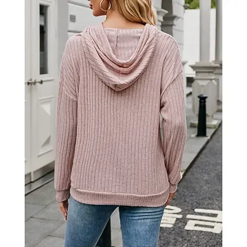 Women's Texture Sweatshirt Waffle Sweatshirt  Pullover Hoodie Sweatshirt Plain Streetwear Casual Long Sleeve Hooded Regular Tops Street Holiday Going out Buttons Black White Pink Wine Fall Winter