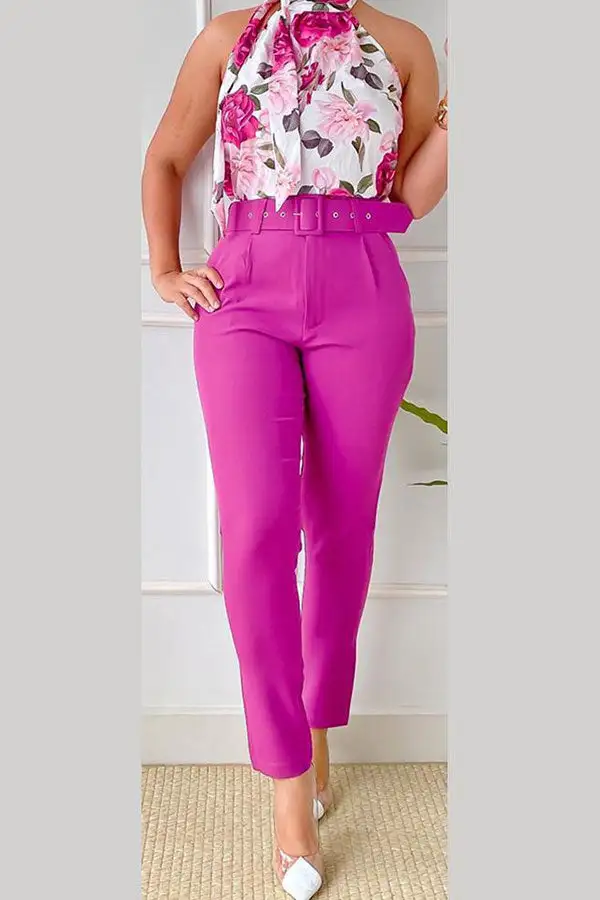 Floral Print Elegant Pussy Bow Pant Suit
