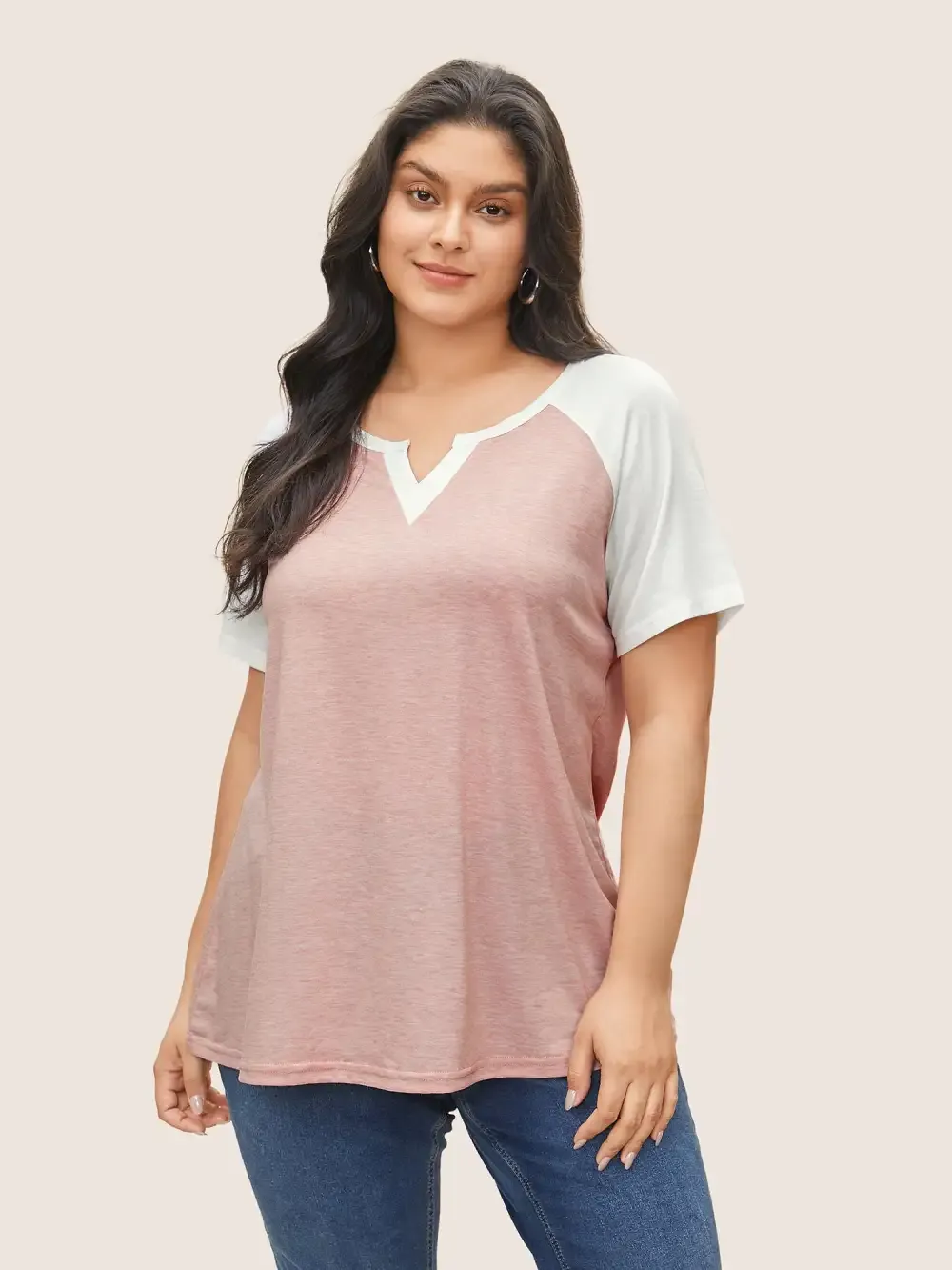 Colorblock Contrast Notched Raglan Sleeve T-Shirt