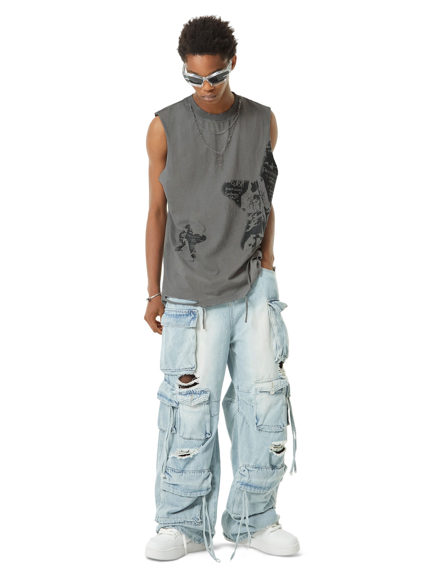 Washed Multi-pocket Work Cargo Jeans - 1830