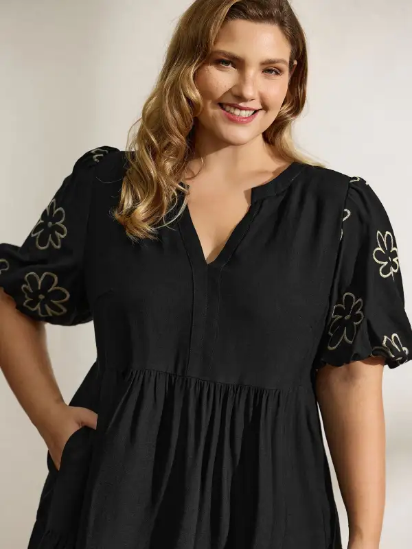 Floral Embroidered Sleeve A-Line Midi Dress