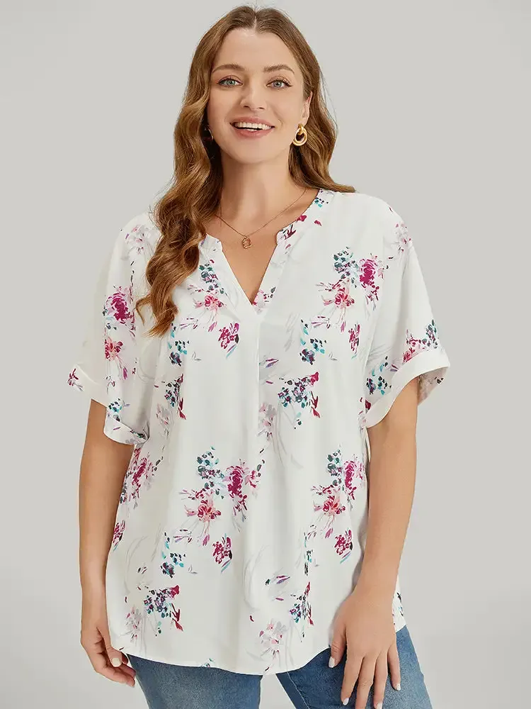 Floral Roll Batwing Sleeve Notched Neck Blouse