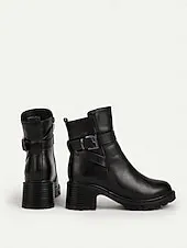 Women's Black Leather Ankle Boots - Warm Fur Lined Mid Heel Winter Booties with Side Zipper and Buckle for Cold Weather, Work & Outdoor Wear