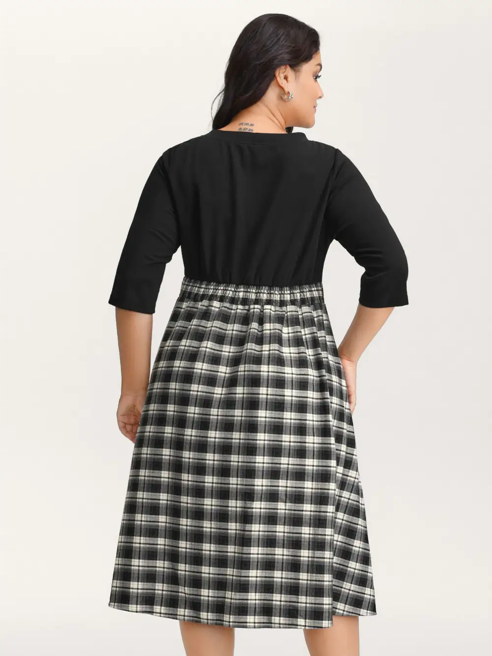 Checkered Print Bow Tie Contrast Midi Dress