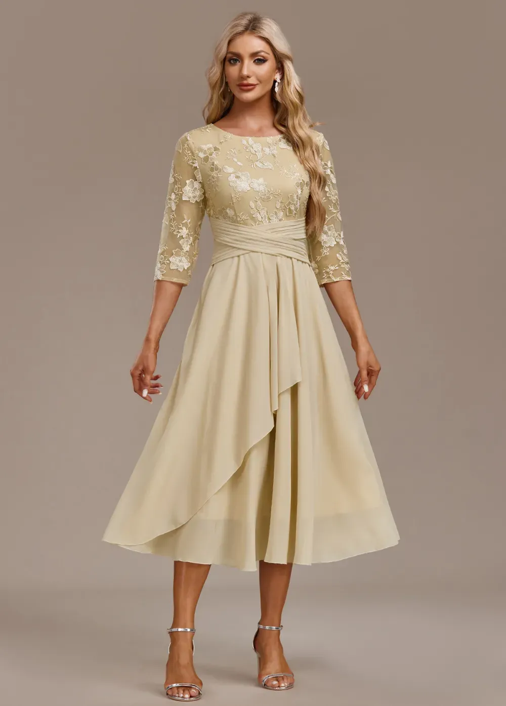 Champagne Embroidery 3/4 Sleeve Round Neck Dress