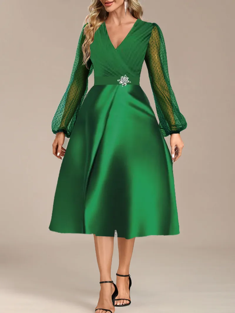 V-neck elegant satin cocktail dress with waist loose skirt