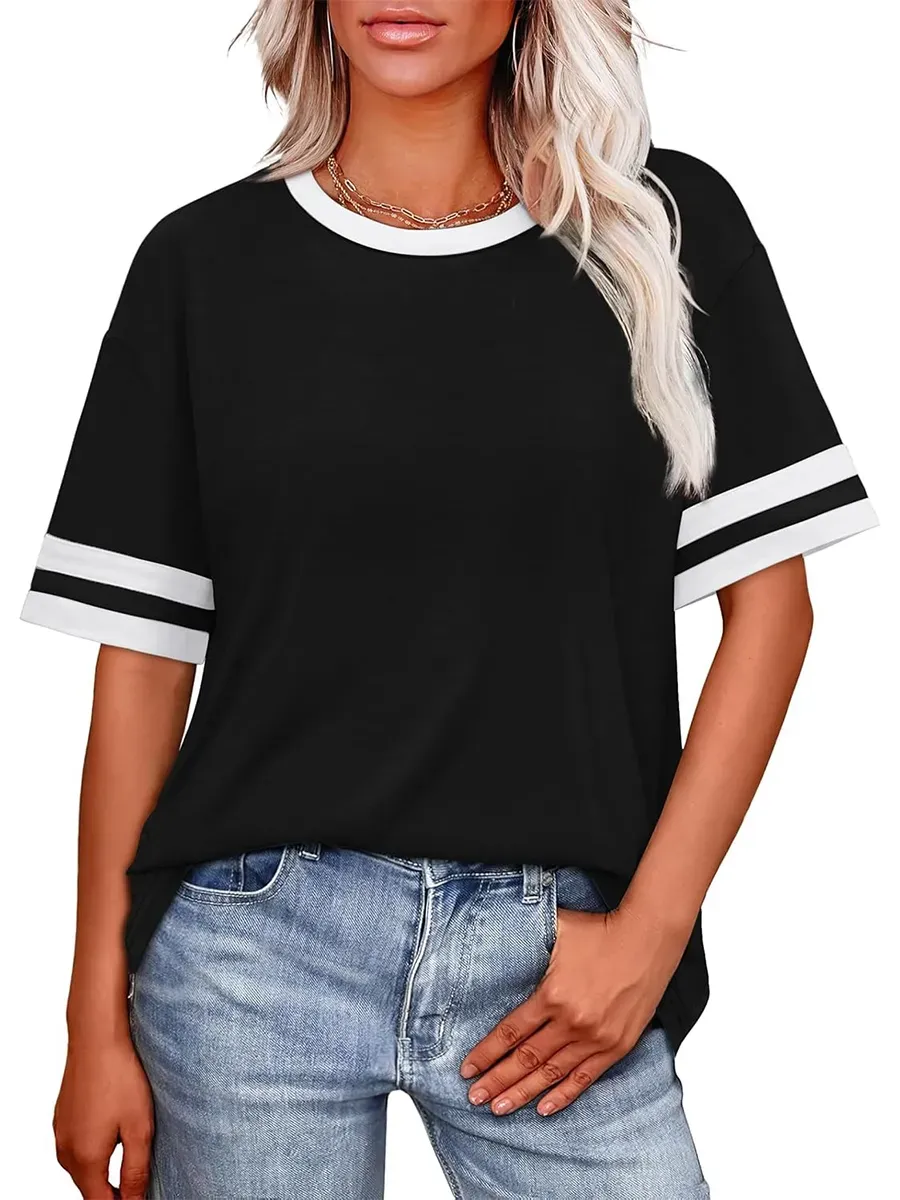 ✨ Women's Oversized Crew Neck Colorblock Striped Sleeve T-shirt