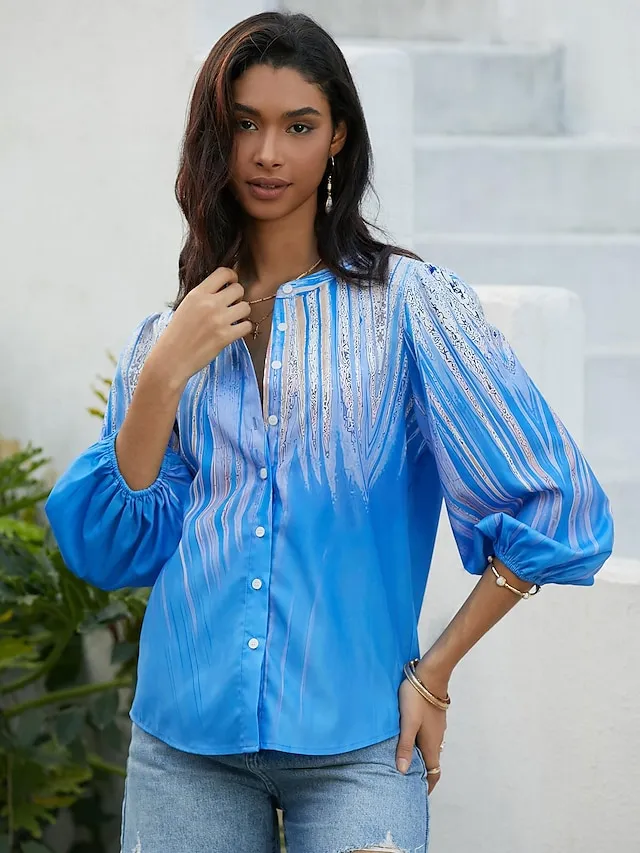 Women's Shirt Blouse Graphic Button Print Casual Fashion Long Sleeve Standing Collar Blue Spring &  Fall