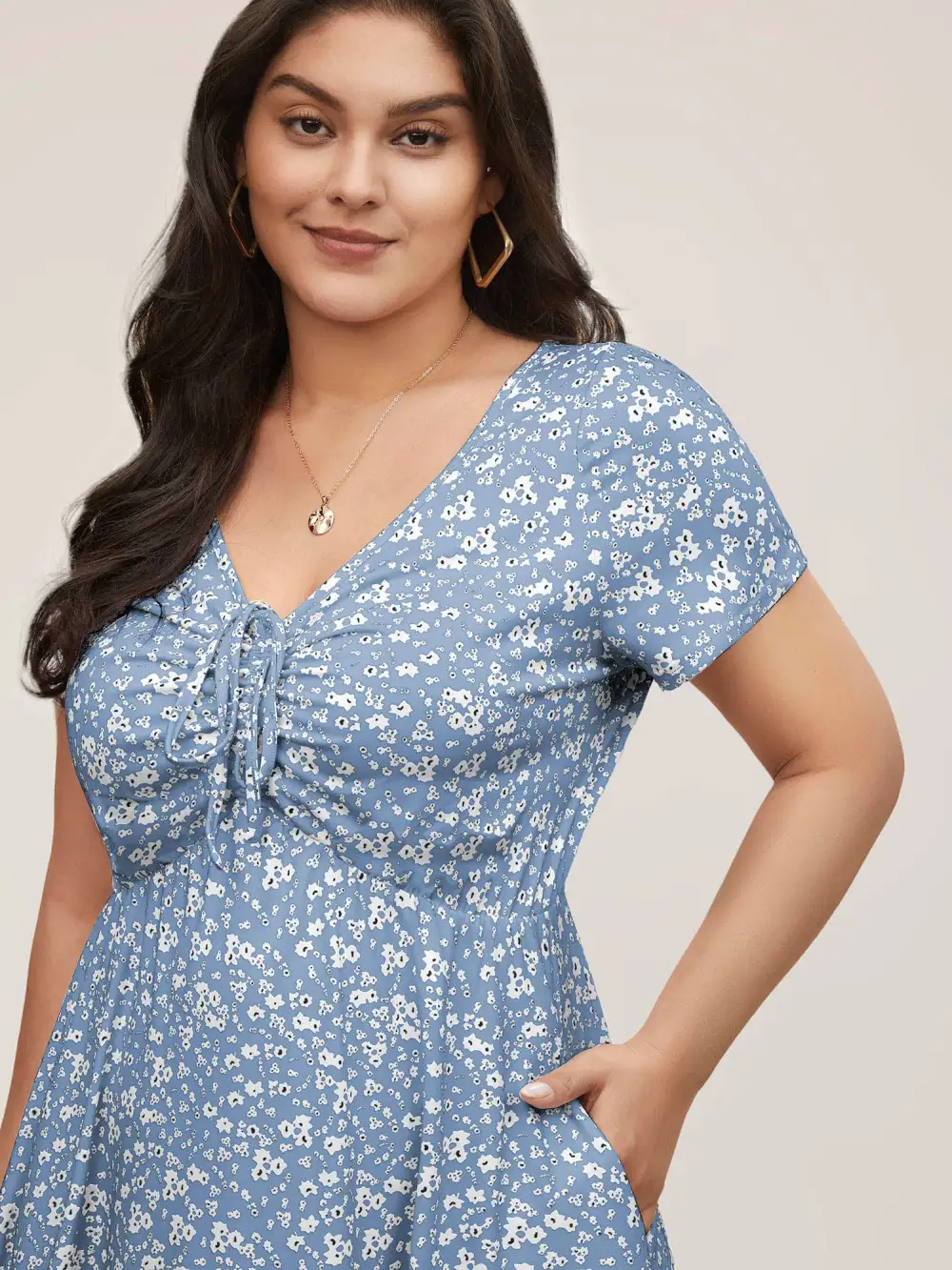 Ditsy Floral Elastic Waist Knot Drawstring Dress