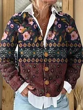 Women's Cardigan Sweater Knitted Ribbed Button Front Round Neck Long Sleeve Lightweight female Elegant Vintage Floral Graphic Striped Buttons Print Knit Outdoor Weekend Pink Purple Fall Winter