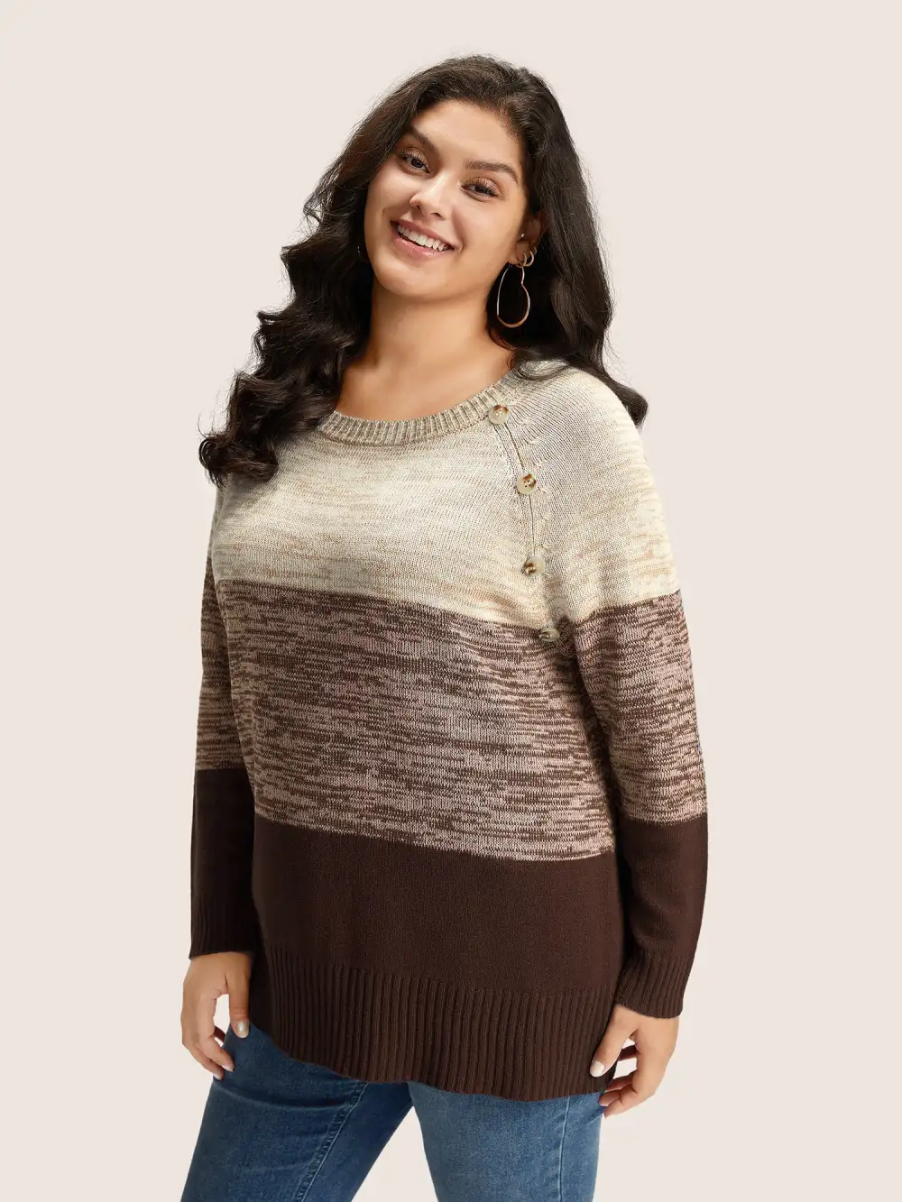 Colorblock Contrast Heather Button Detail Pullover