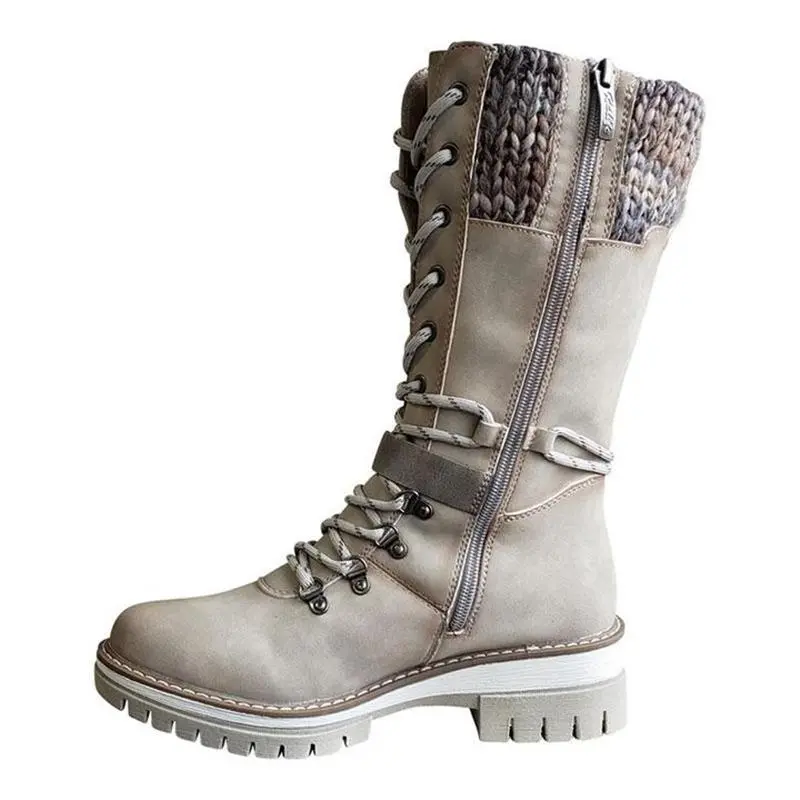 Retro Style Chunky Low Heel Lace Up Knitted Mid-Calf Boots