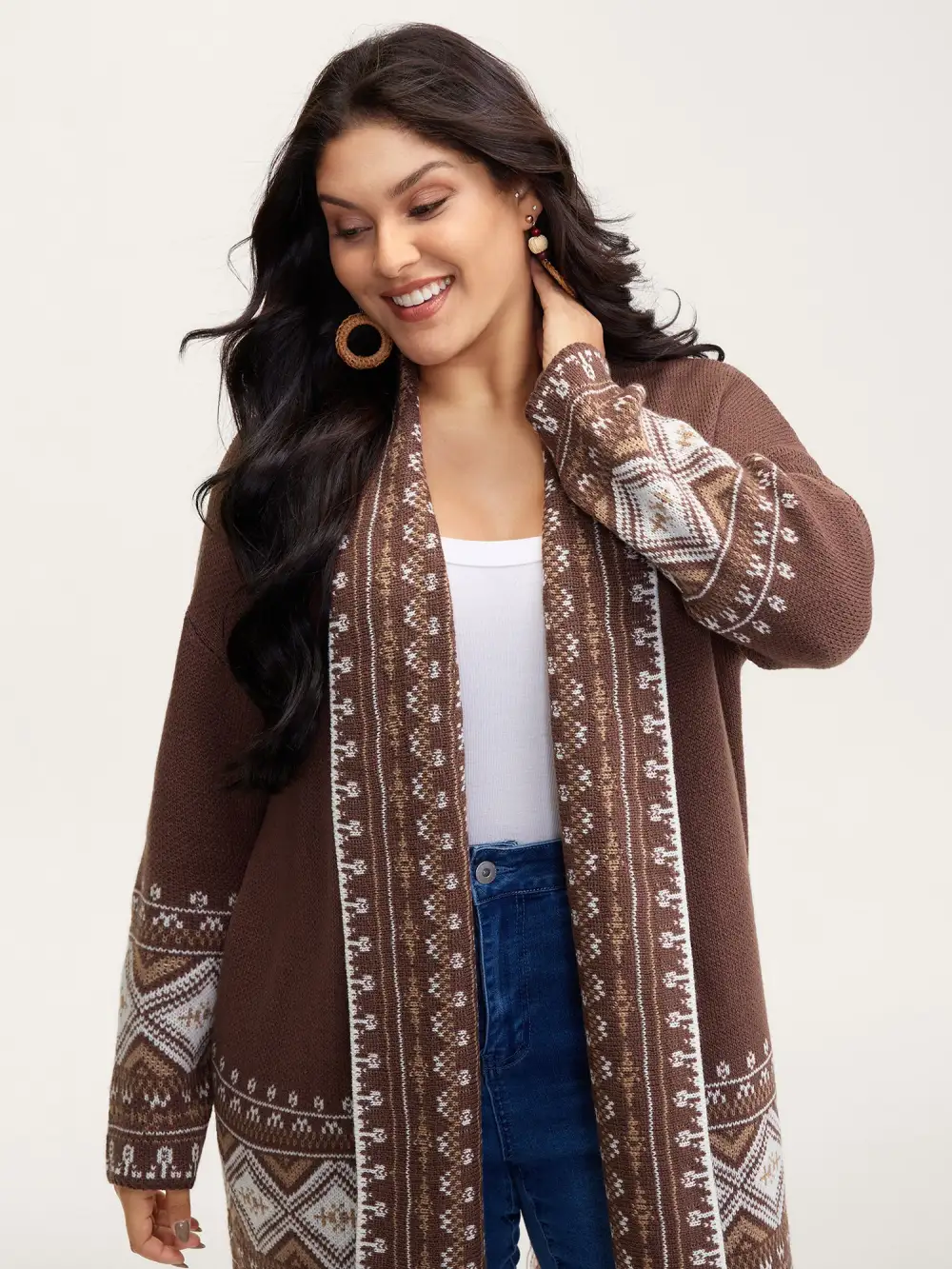Boho Jacquard Folded Collar Tassels Cardigan