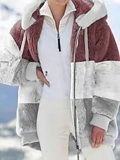 Women's Fleece Jacket Teddy Coat Hoodie Jacket Warm Breathable Zipper Pocket Color Block Fleece Lined Casual Stripe Vacation Street Daily Wear Going out Zipper Regular Hoodie Regular Fit Long Sleeve