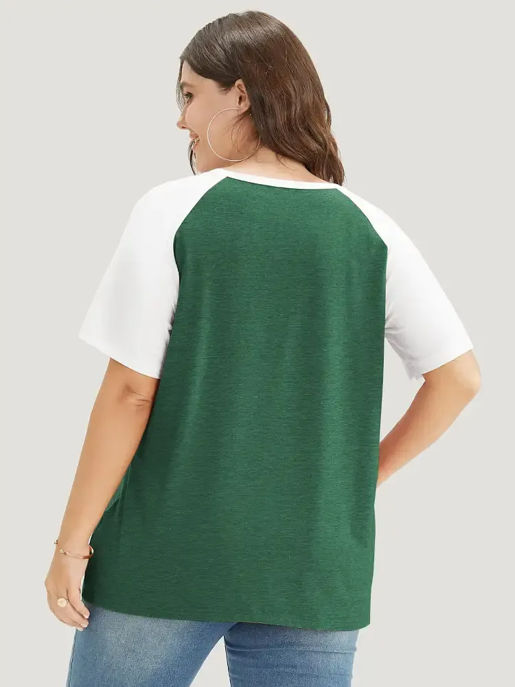 Colorblock Contrast Notched Raglan Sleeve T-shirt