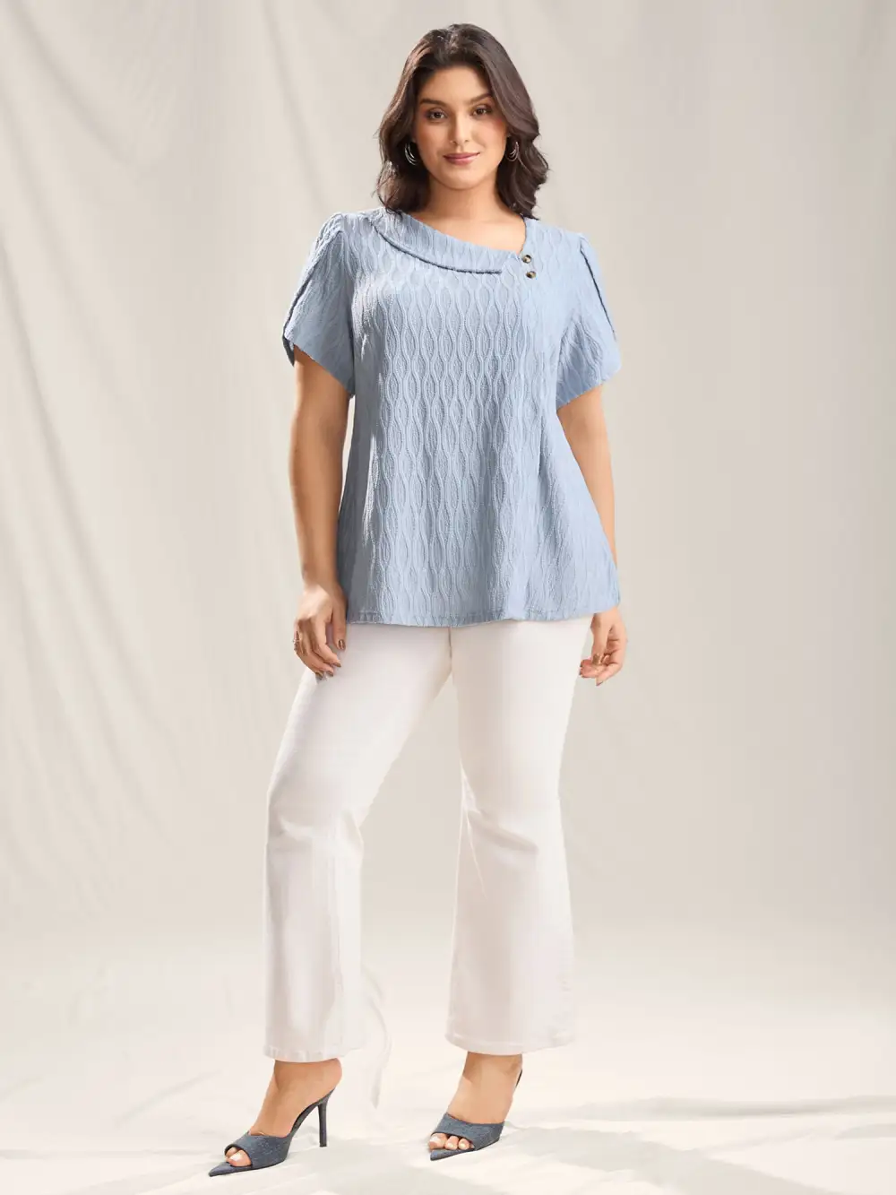 Asymmetrical Collar Textured Plain Blouse