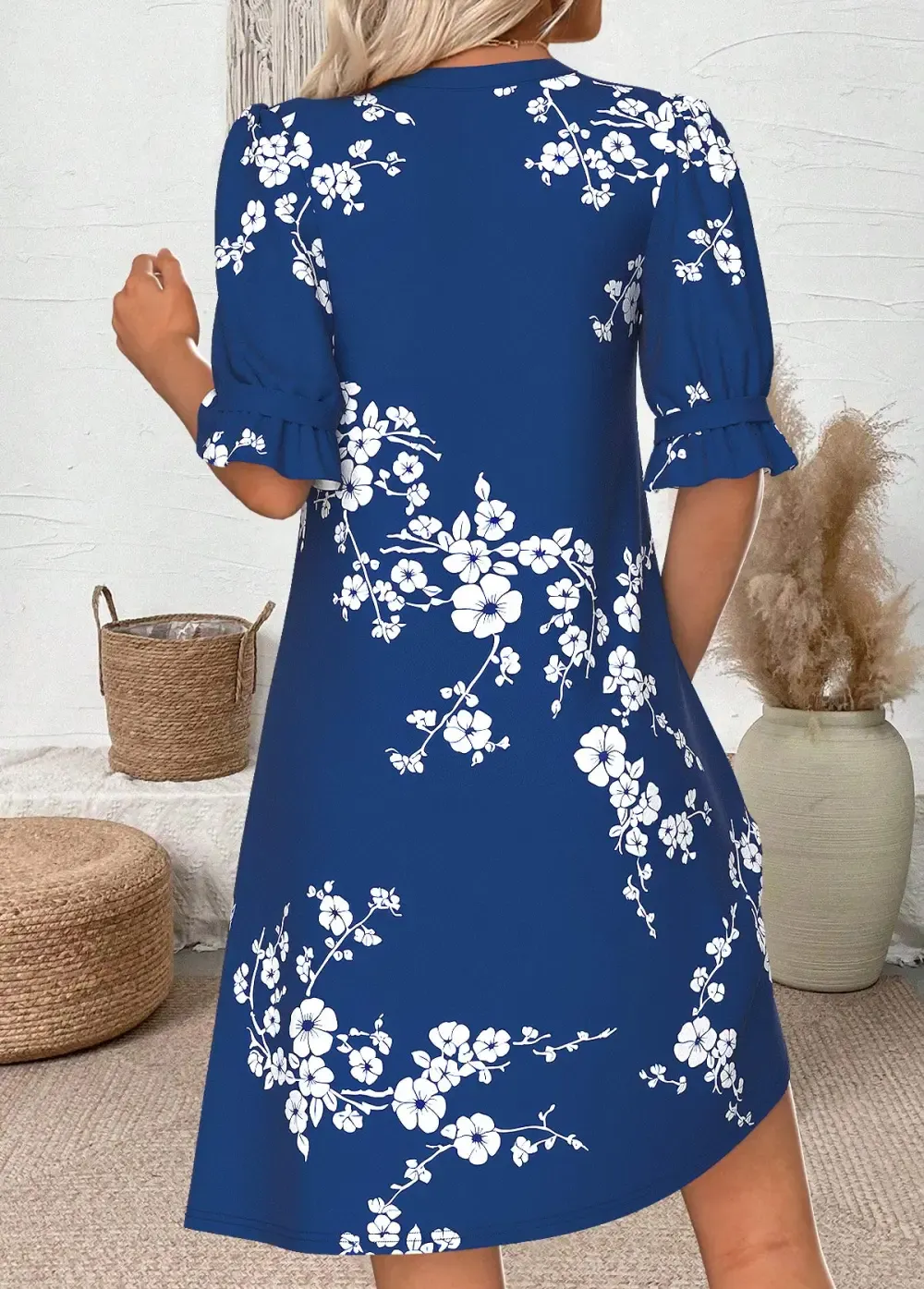 Navy Floral Print Short Half Sleeve Split Neck Dress