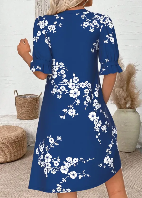 Navy Floral Print Short Half Sleeve Split Neck Dress