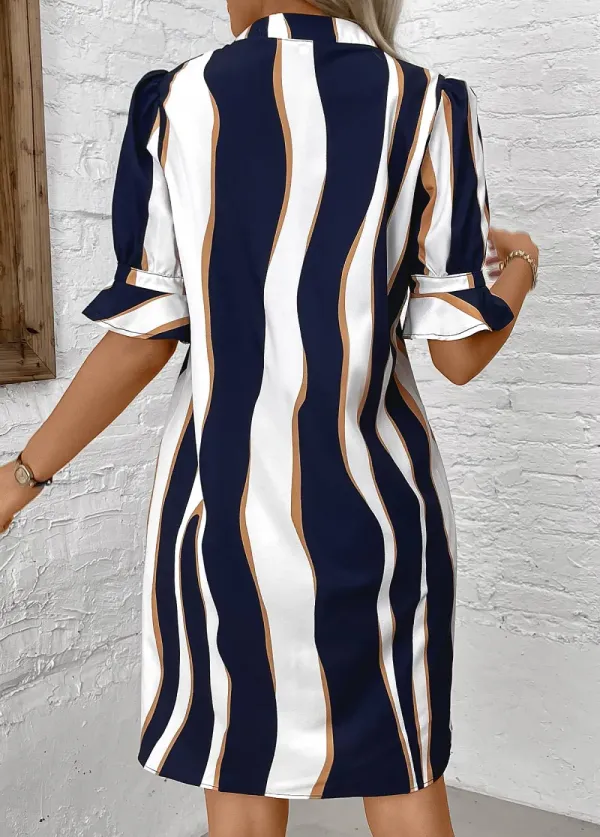 Navy Patchwork Striped Half Sleeve Split Neck Dress