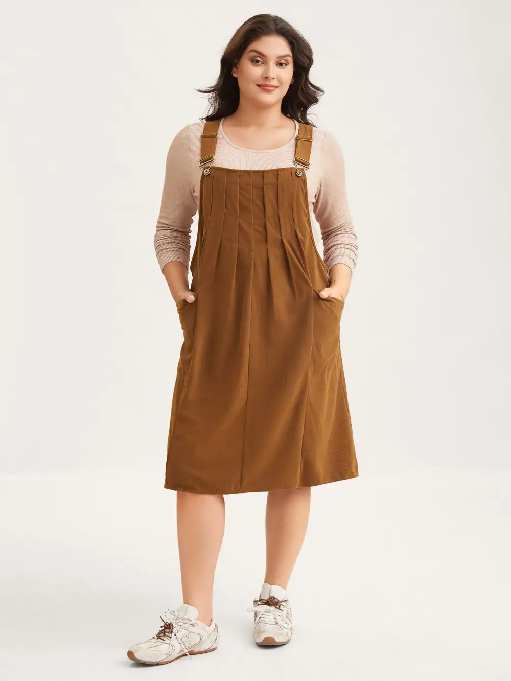 Solid Corduroy Pleated Overall Dress