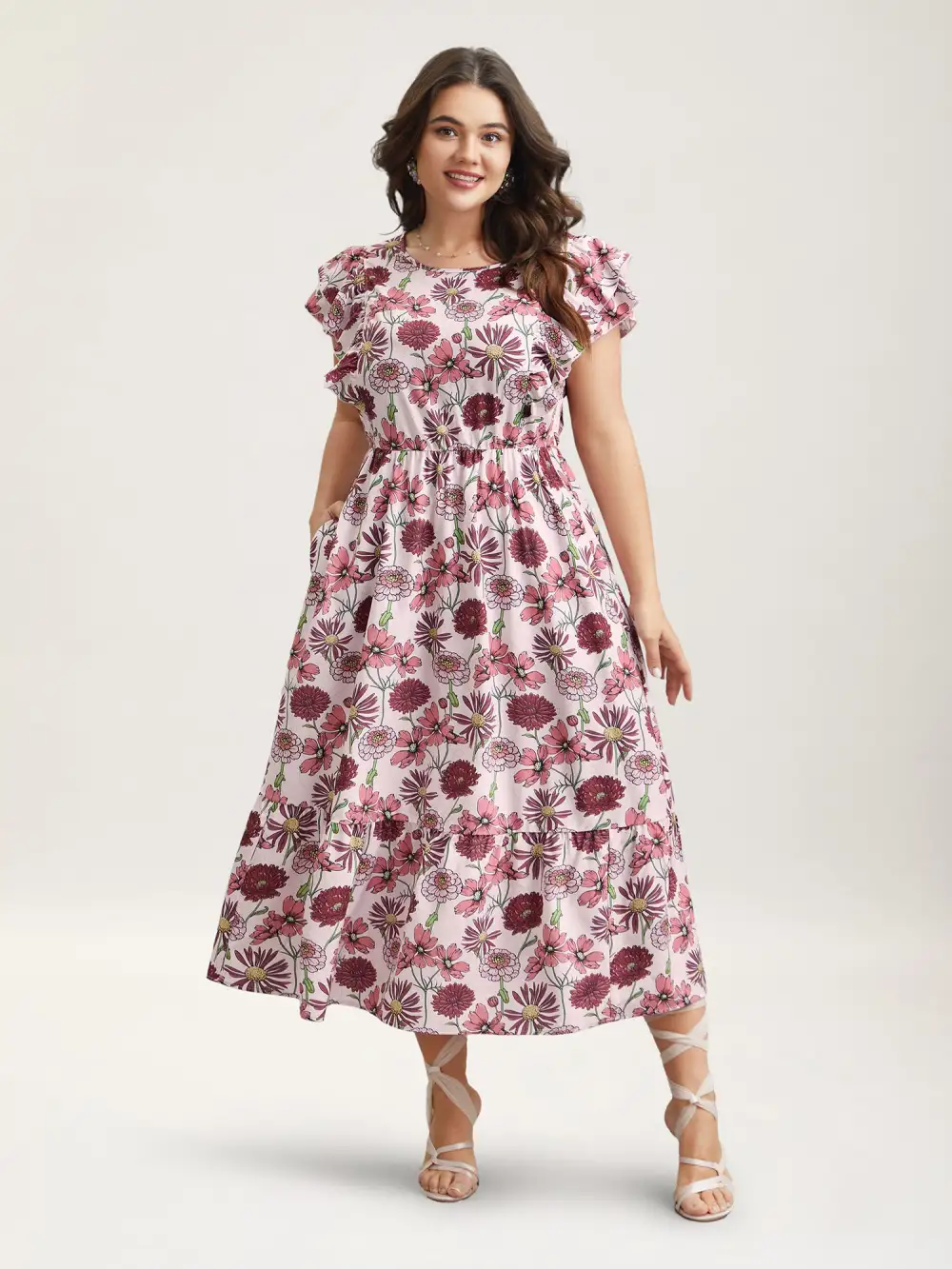 Ruffled Floral Print Stretchy-Waist Midi Dress