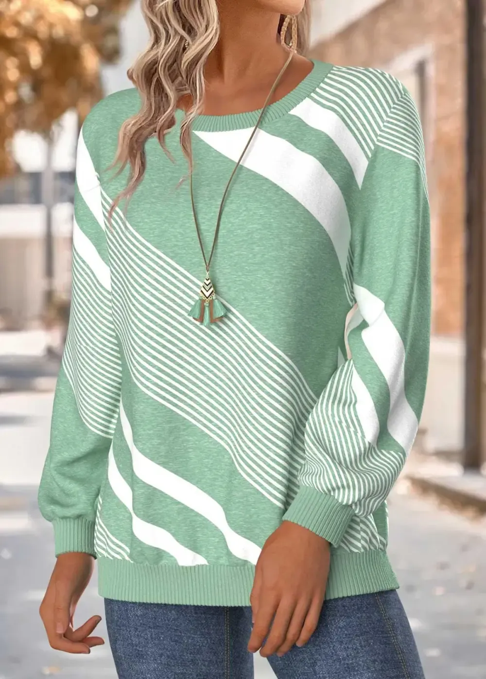 Mint Green Tummy Coverage Geometric Print Long Sleeve Sweatshirt