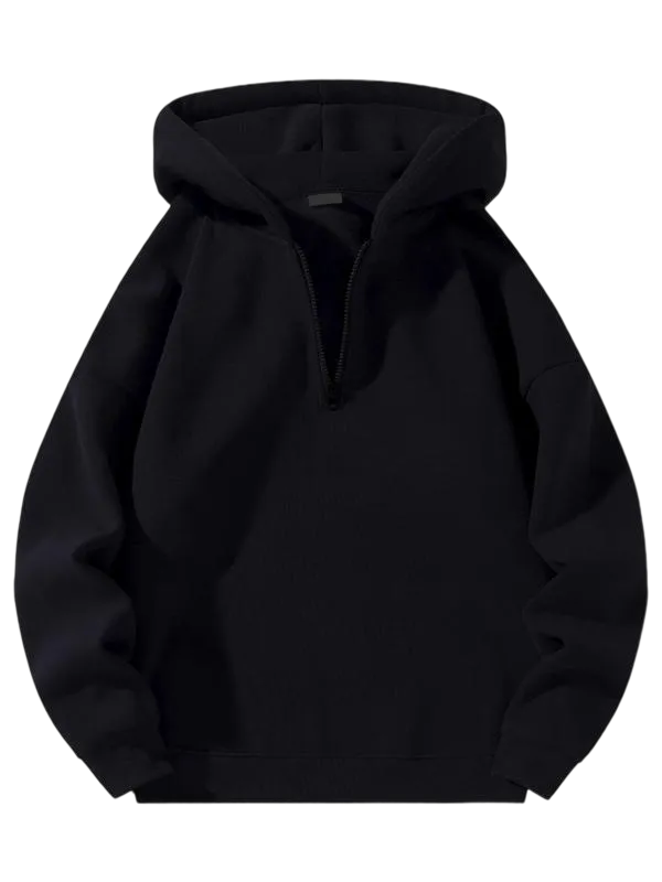 Men's half-zip hoodie: plain, drop shoulder, regular/relaxed fit, long-sleeve fleece