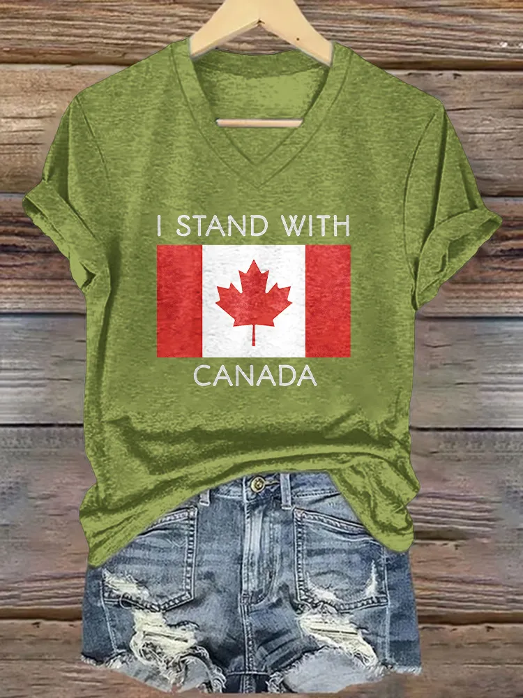 Women's I Stand With Canada Short Sleeves V-Neck Pure Cotton T-Shirt