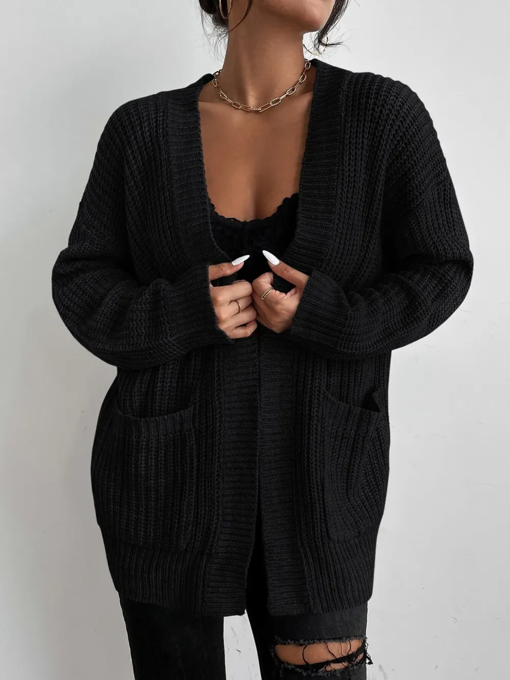 Frenchy Solid Dual Pockets Ribbed Knit Cardigan