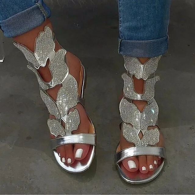 Women's Sandals Flat Sandals Plus Size Sparkly Sandals Party Daily Summer Rhinestone Flat Heel Open Toe Vintage Classic Casual Faux Leather Loafer Color Block Silver Black Gold