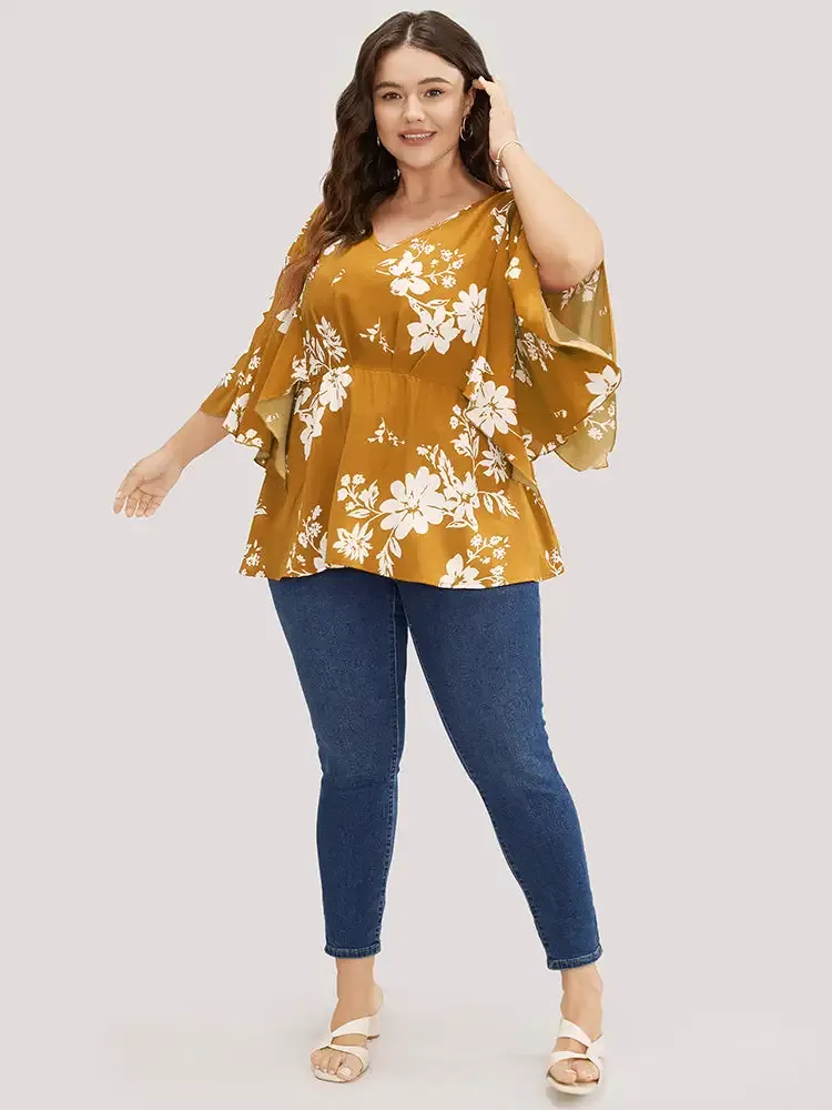 Floral Printed Plicated Detail Flutter Sleeve Blouse