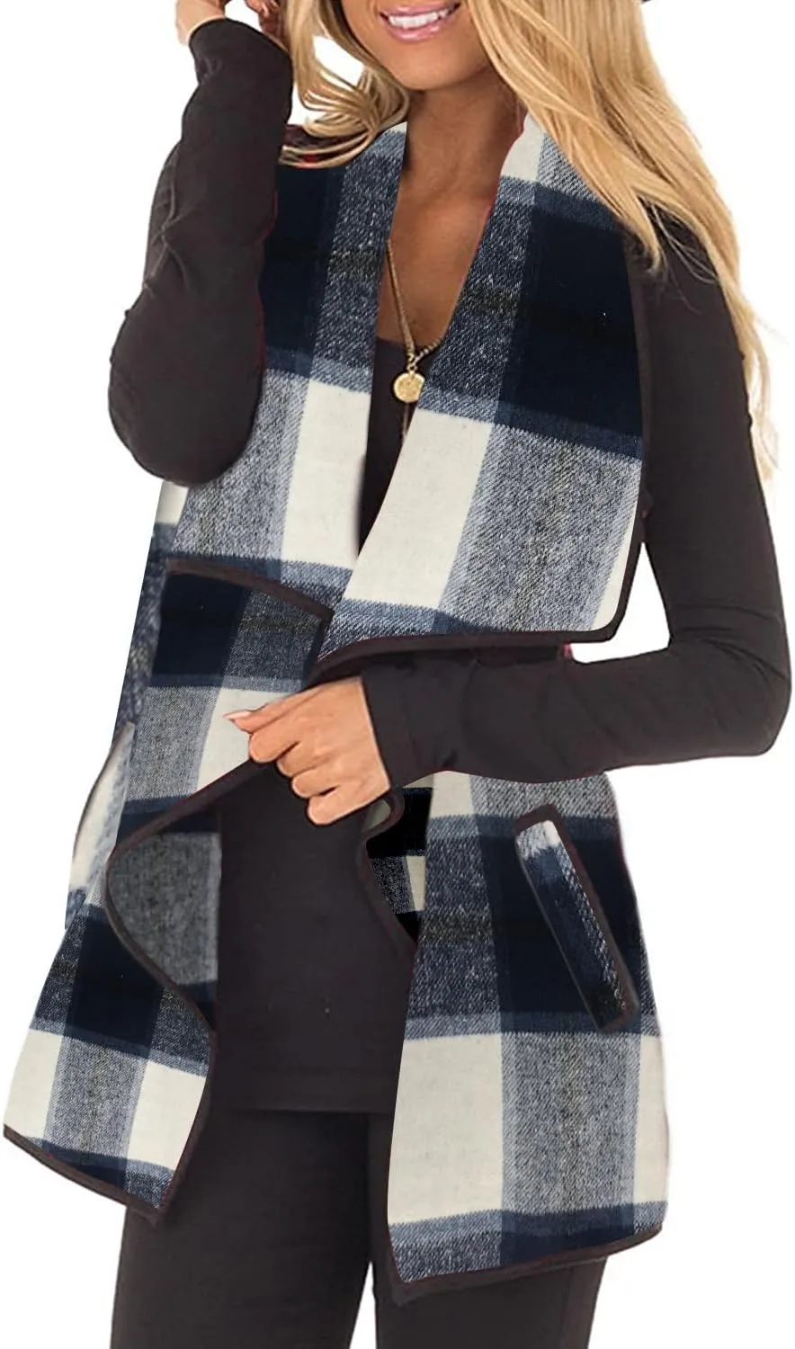 Womens Buffalo Plaid Vest Casual Lapel Open Front Sleeveless Cardigan Jacket Coat with Pockets