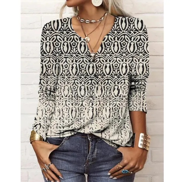 Women's Plus Size Shirt Henley Shirt Blouse Paisley Color Gradient Vintage Button Print Daily Casual Long Sleeve V Neck Black Fall & Winter