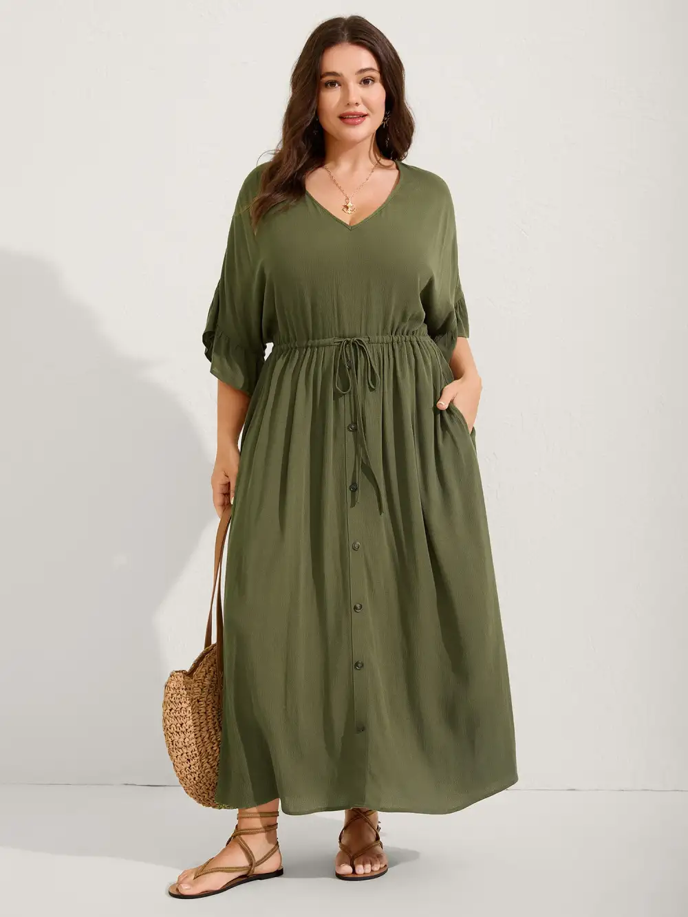 Waist-Defining Tie Ruffled Sleeve Midi Dress