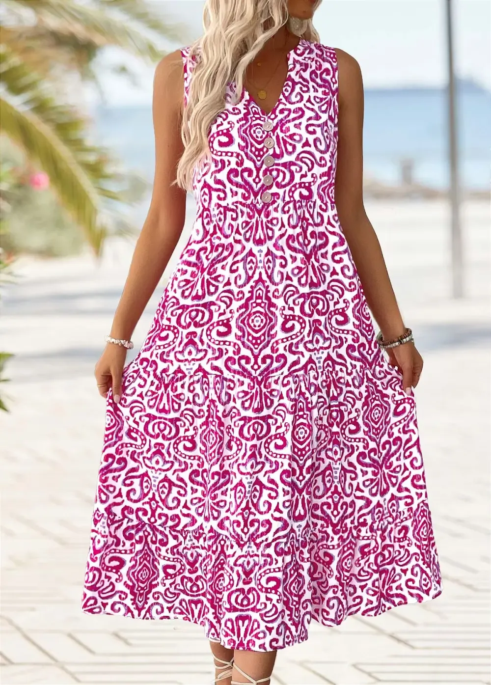 Hot Pink Tribal Print Maxi Sleeveless Split Neck Dress