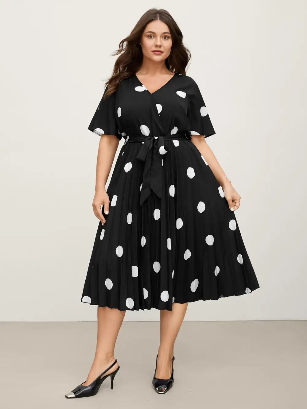 Polka Dots Stretchy Waist Midi Dress