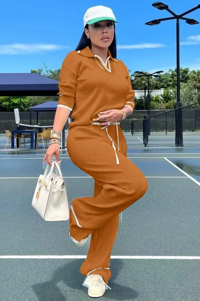 Knit Turndown Collar Long Sleeve Top Straight Leg Casual Pants Matching Set