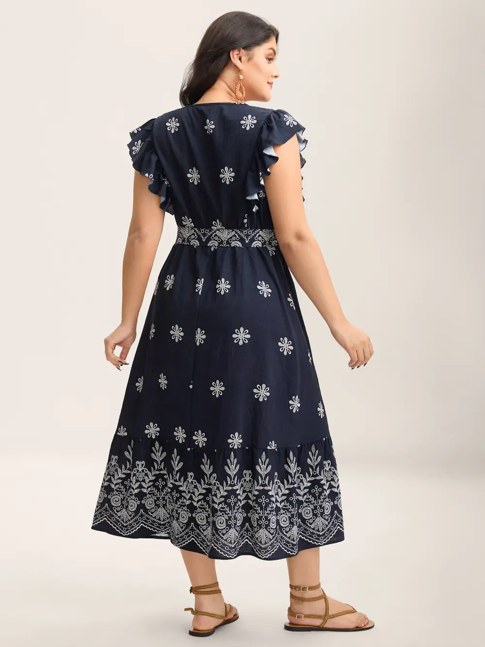 Rayon Stretchy Waist Pockets Flutter Midi Dress