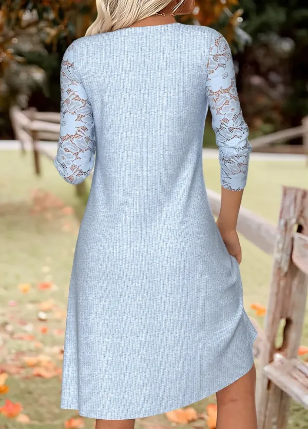 Light Blue Tummy Coverage Long Sleeve Round Neck Dress