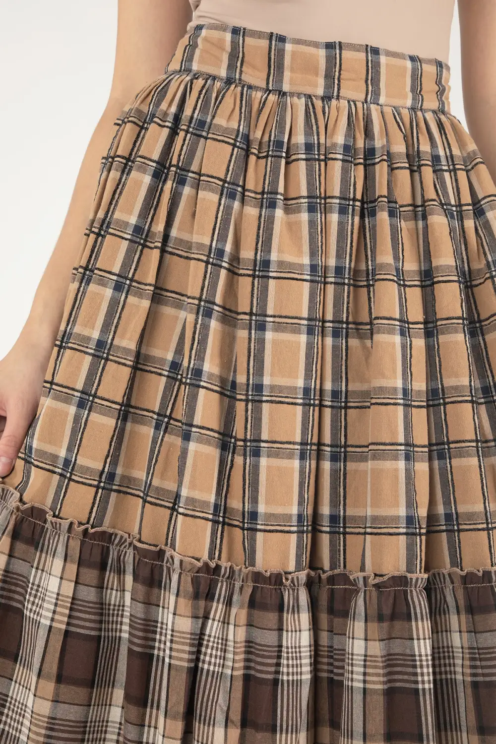 Mixed Plaid Midi Skirt