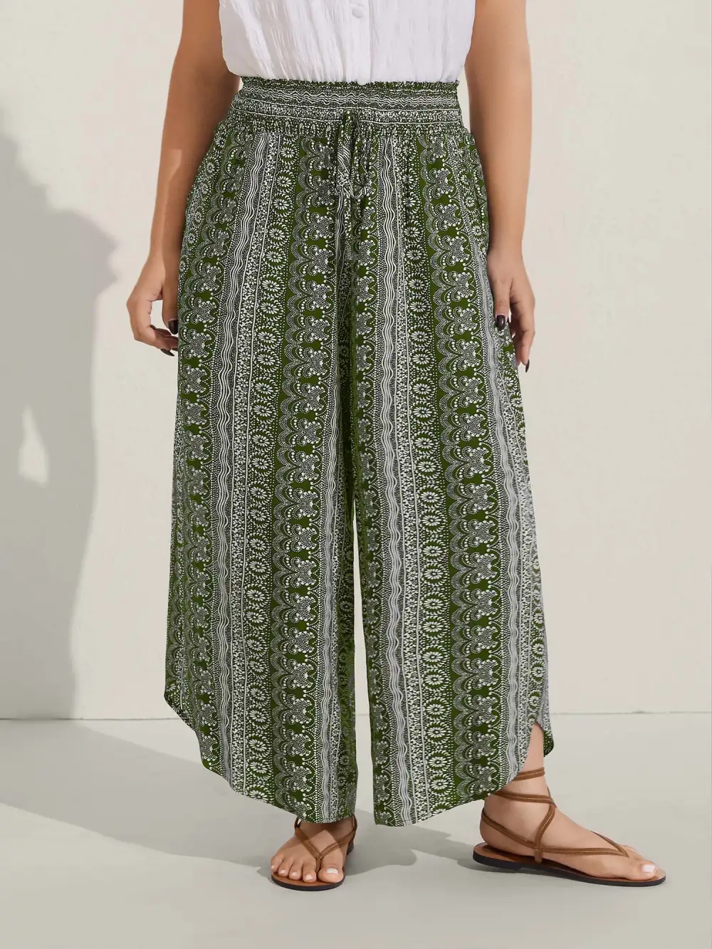 Boho Print Shirred Waist Wide-Leg Pants